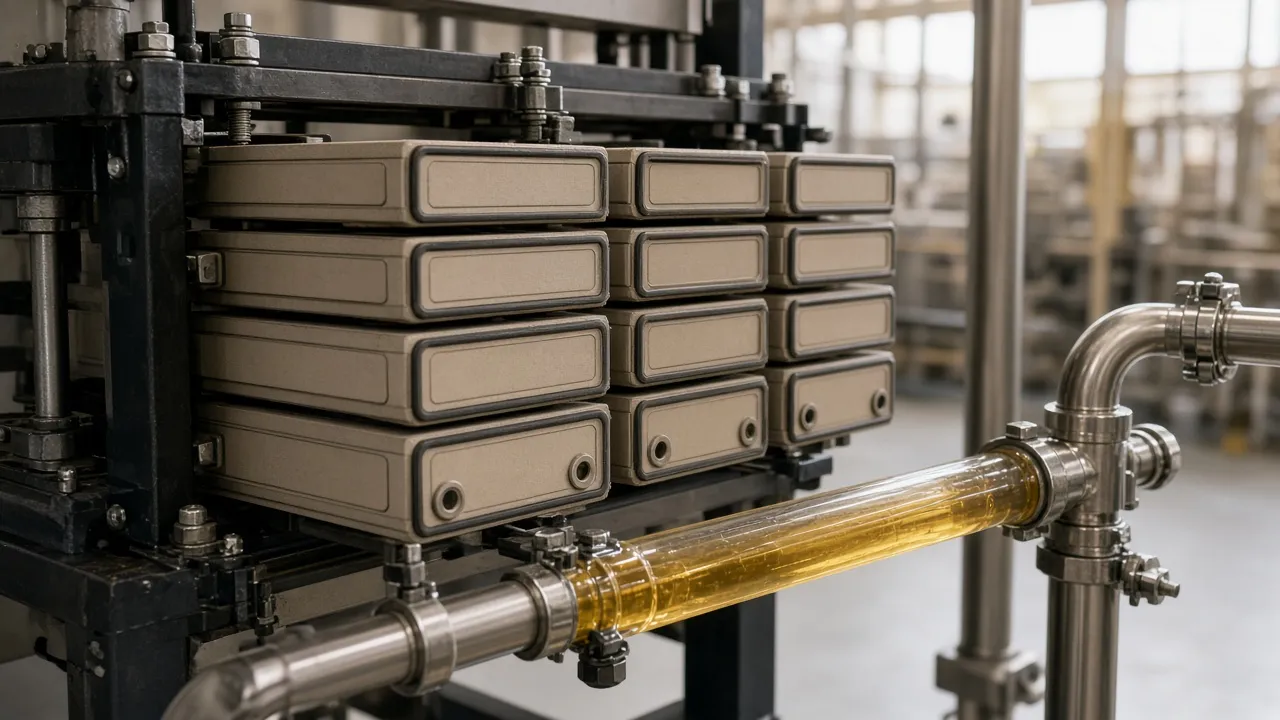 Illustrative image of argan oil passing through a plate filter (not our facility)