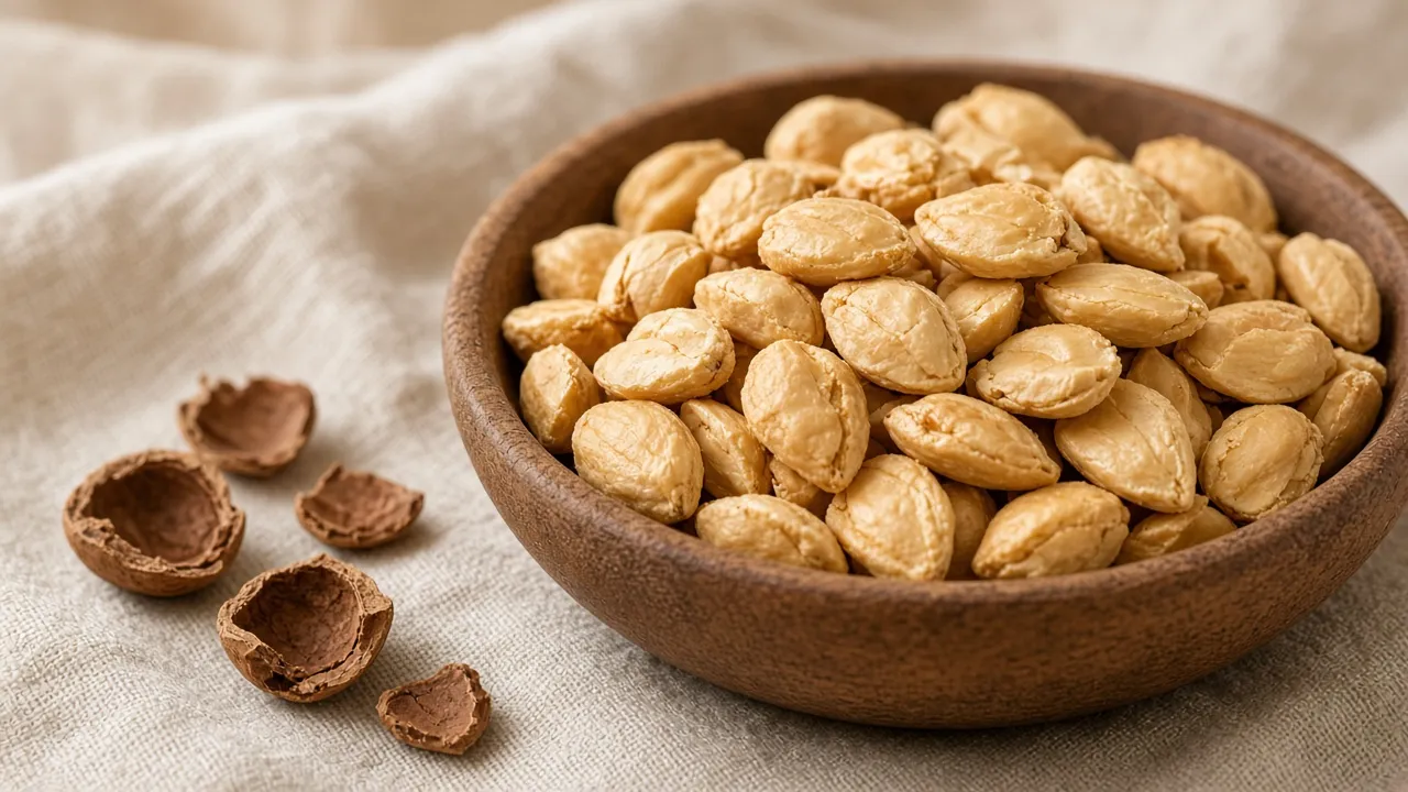 Illustrative image of shelled argan kernels in a shallow wooden bowl
