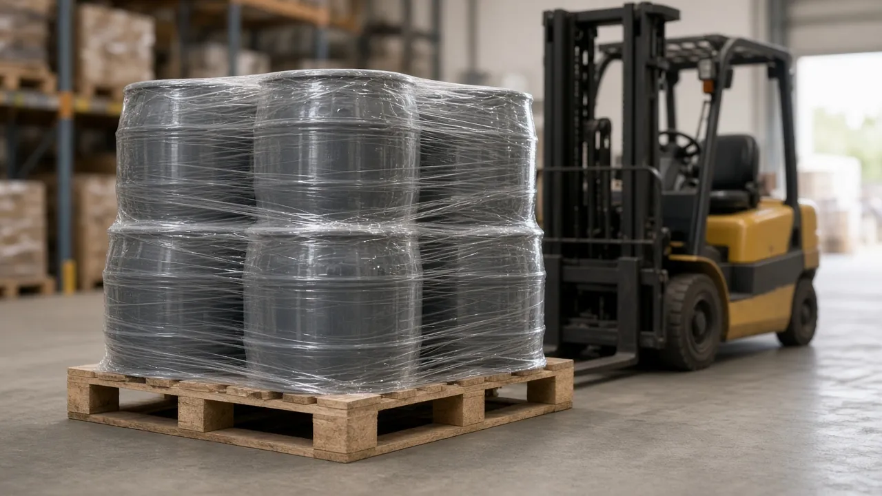 Illustrative image of stretch-wrapped drums on a wooden pallet (not our shipment)