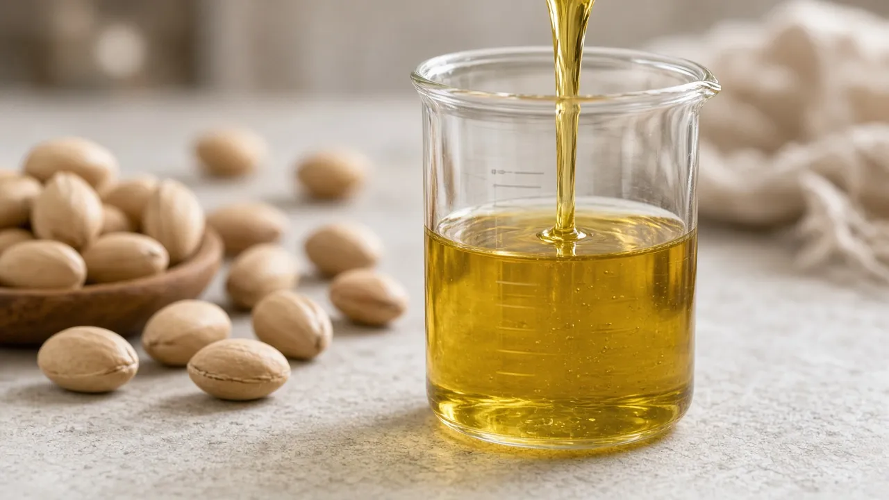 Illustrative image of golden cold-pressed argan oil being poured into a glass beaker