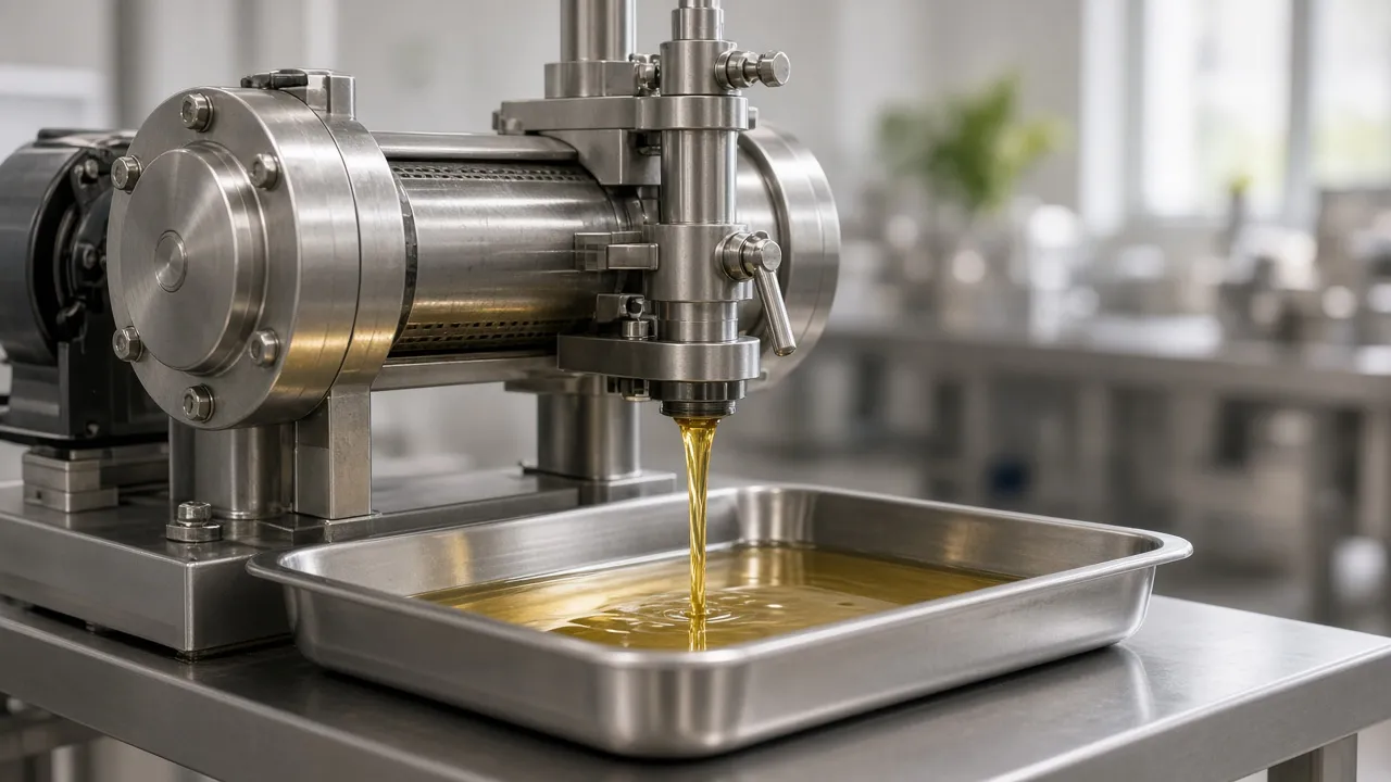 Illustrative image of a stainless-steel cold press extracting oil (not our facility)