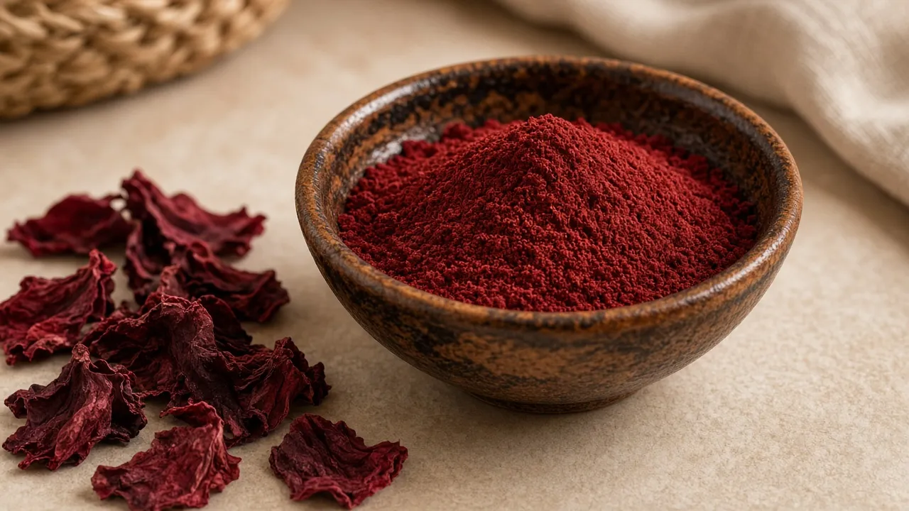 Illustrative image of traditional Aker Fassi red pigment in a small clay dish