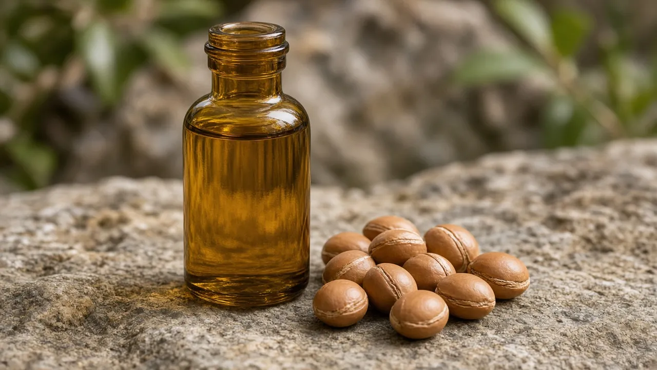 Illustrative image of argan oil in an amber bottle beside argan kernels