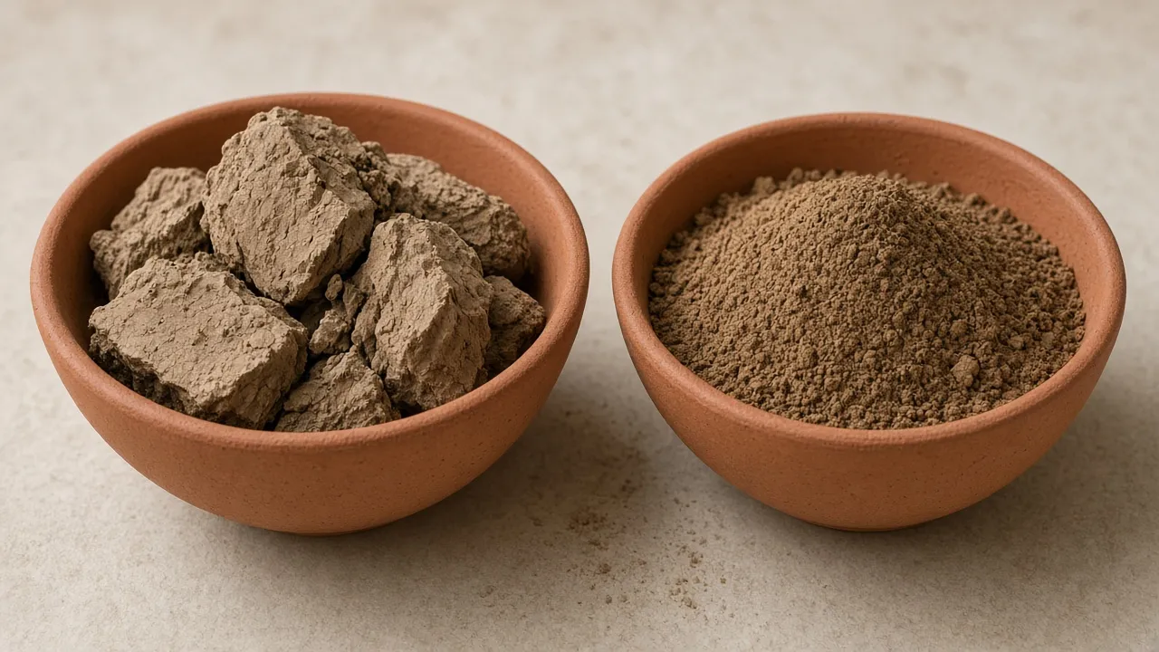 Illustrative image of ghassoul clay pieces and powder in bowls