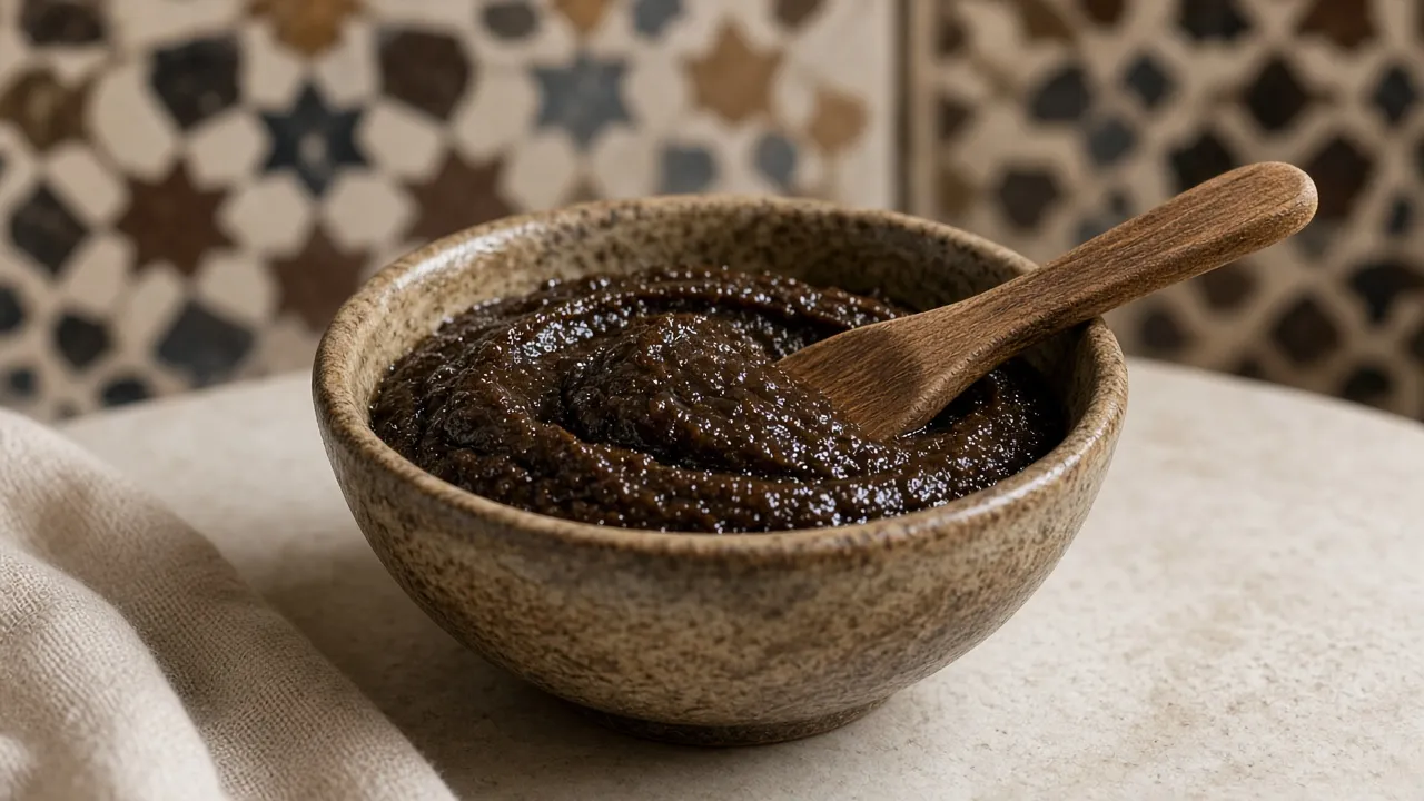 Illustrative image of Moroccan black soap paste in a ceramic bowl