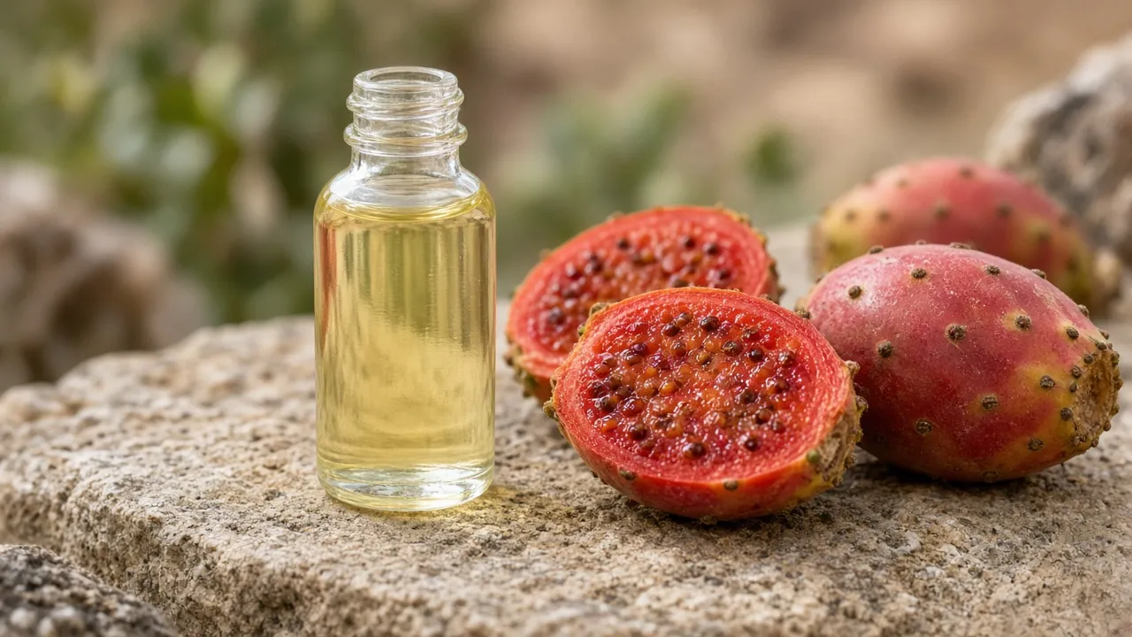 Illustrative image of prickly pear seed oil in a glass bottle beside prickly pear fruit