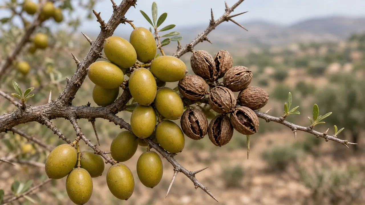 Illustrative image of ripe argan fruit and dried argan nuts on a branch